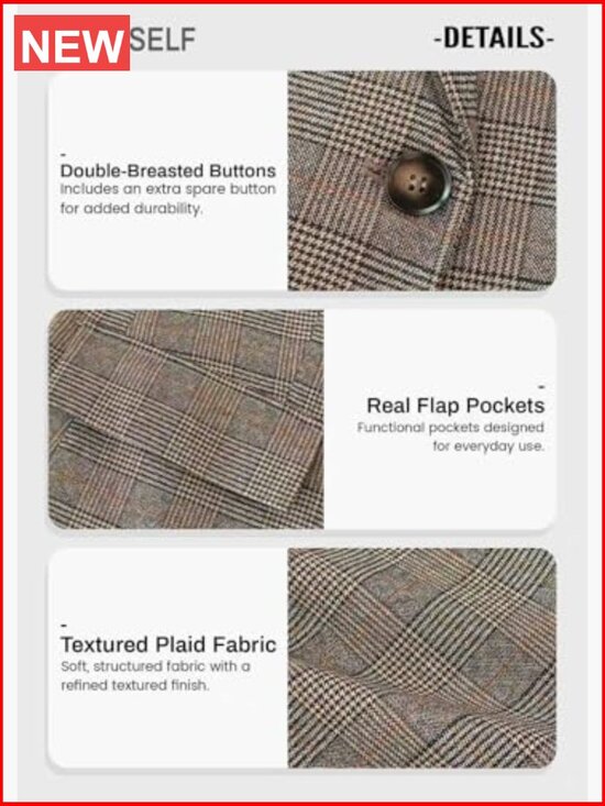 Lightweight Fully Lined Plaid Houndstooth Blazer with Pockets - Picture 6 of 7